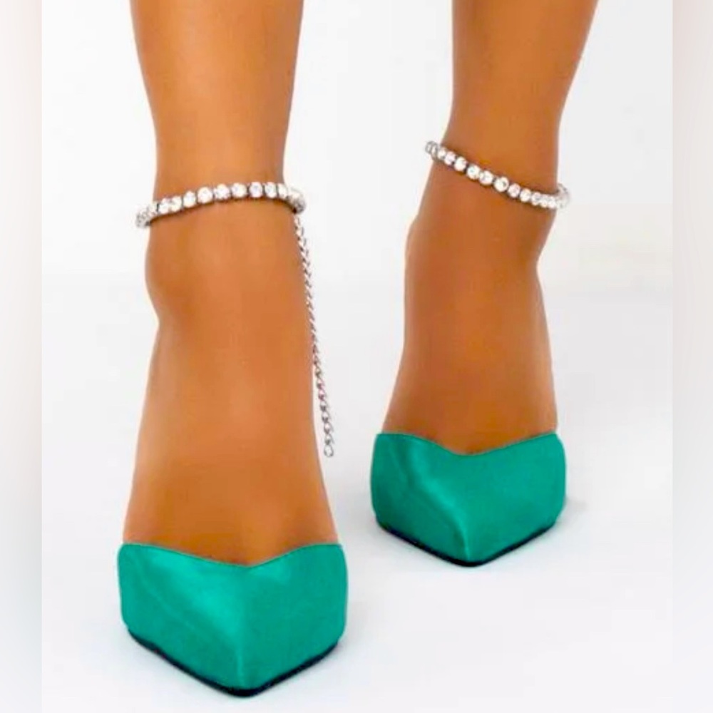 Green Satin and Rhinestone Heels - Picture 4 of 7